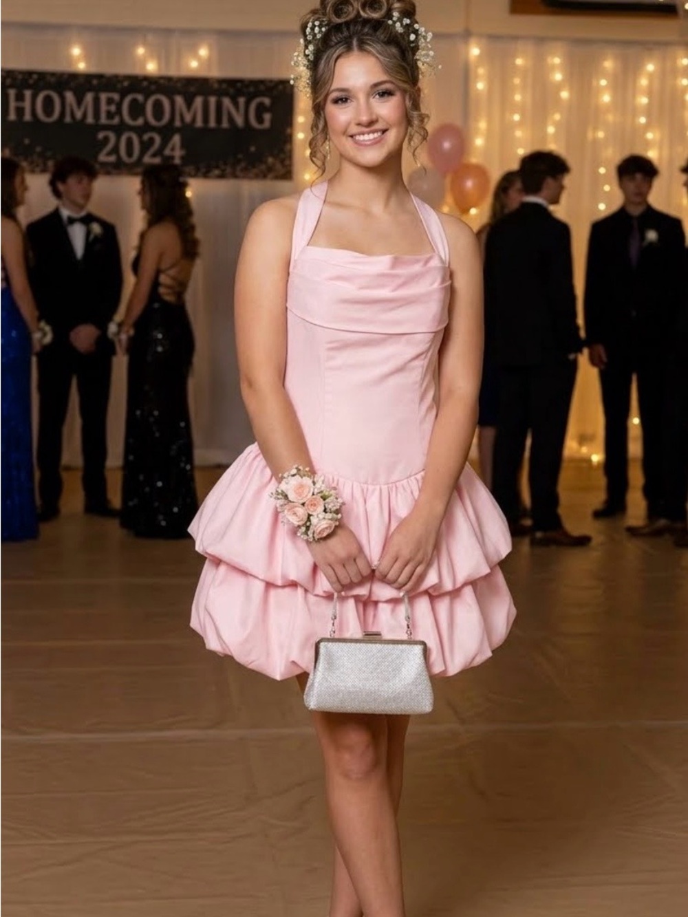 Pink Halter Tiered Homecoming Dress